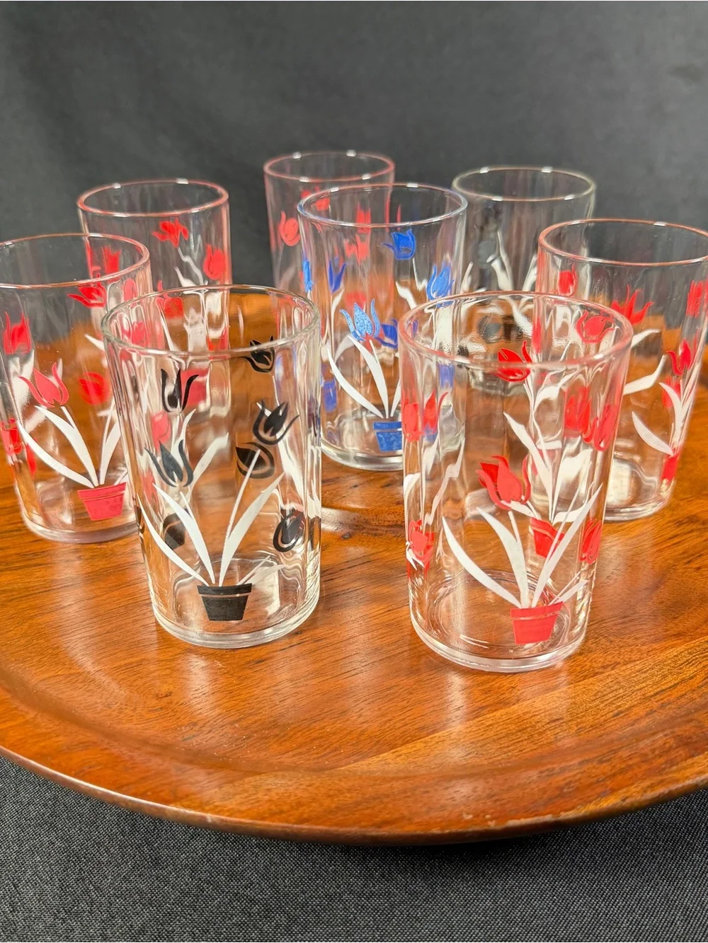 Vintage Floral Glass Tumbler Set - Red and Blue Tulip Design